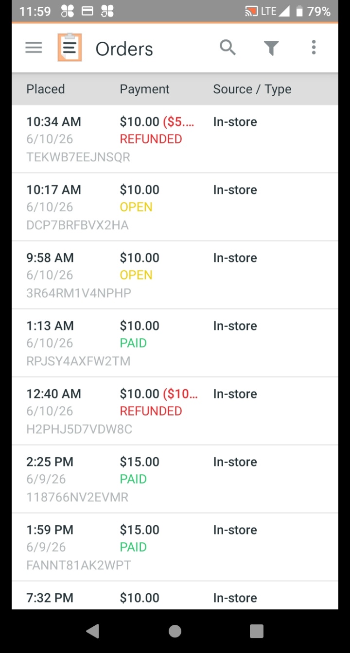 Orders Home Screen showing a list of recent orders.